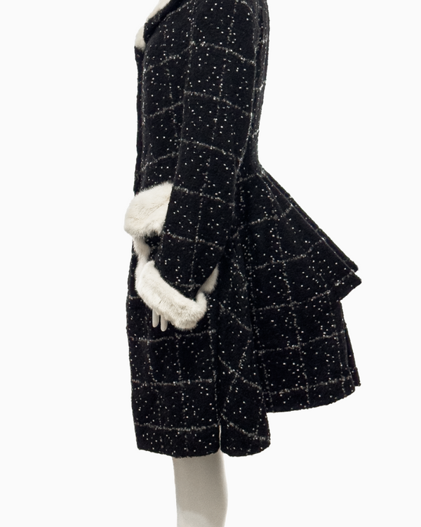 John Galliano Black Checkered Wool Coat with White Speckles and Fox Fur Trimming, Fall/Winter 1996