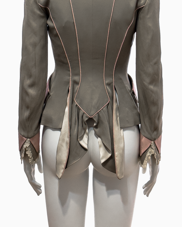 John Galliano Khaki Silk Jacket with Pink Moiré Accents and Lace Trim, Spring/Summer 1995