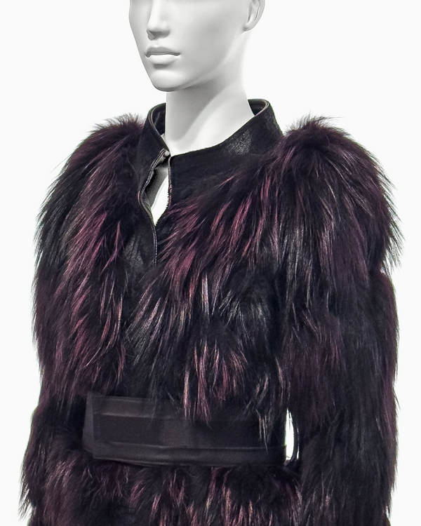 Gucci by Tom Ford Violet Fox Fur Leather Jacket with Corset Belt And Pencil Skirt Ensemble, Fall/Winter 2004