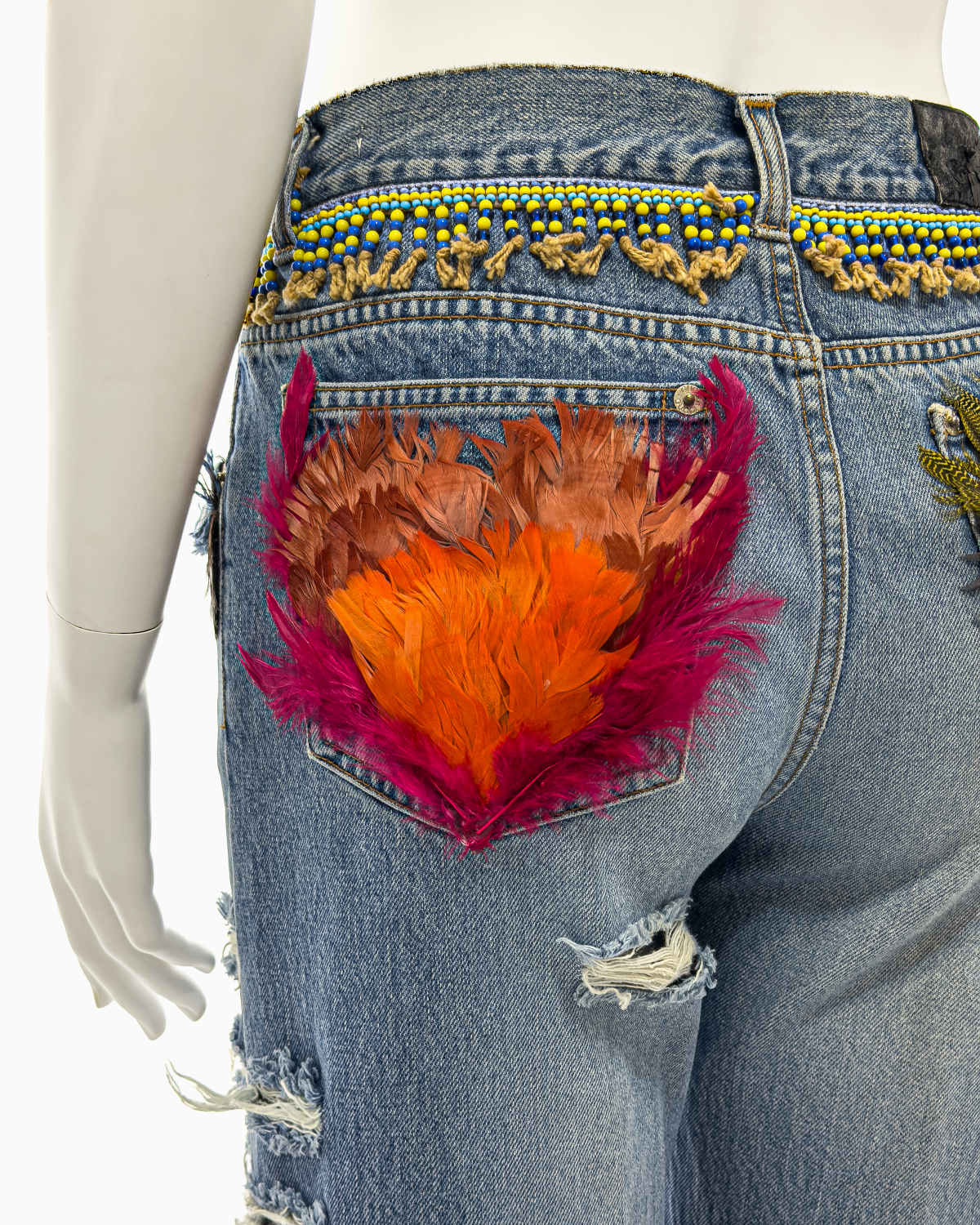 Gucci by Tom Ford Blue Distressed Beaded Jeans with Feathers, Spring/Summer 1999