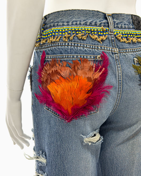 Gucci by Tom Ford Blue Distressed Beaded Jeans with Feathers, Spring/Summer 1999