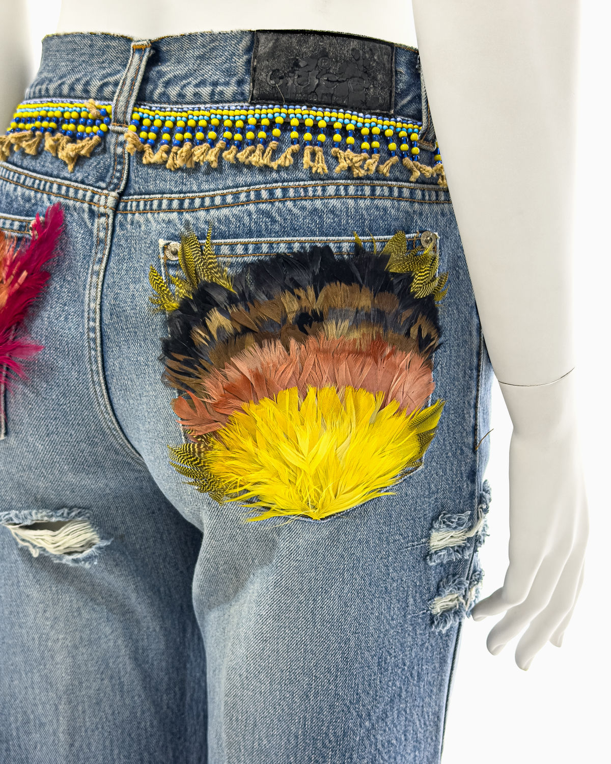 Gucci by Tom Ford Blue Distressed Beaded Jeans with Feathers, Spring/Summer 1999