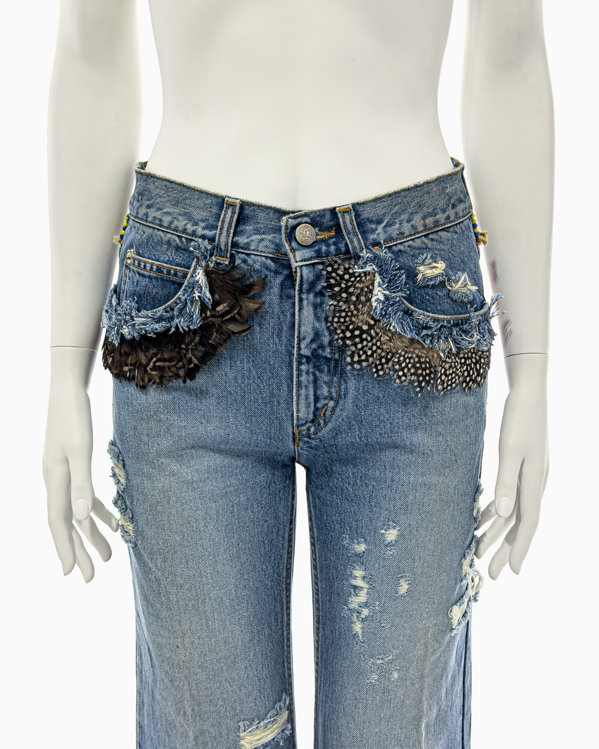 Gucci by Tom Ford Blue Distressed Beaded Jeans with Feathers, Spring/Summer 1999