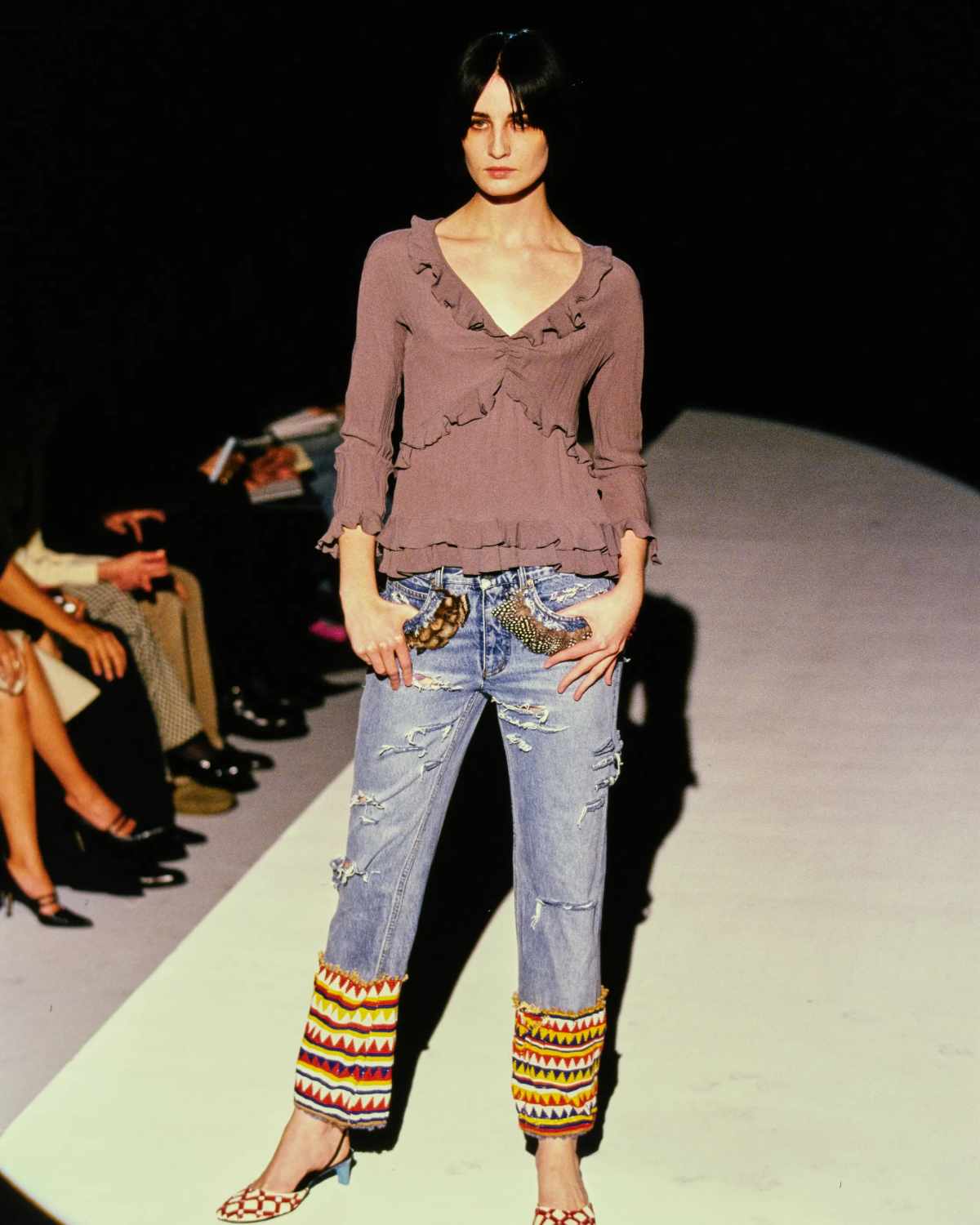 Gucci by Tom Ford Blue Distressed Beaded Jeans with Feathers, Spring/Summer 1999