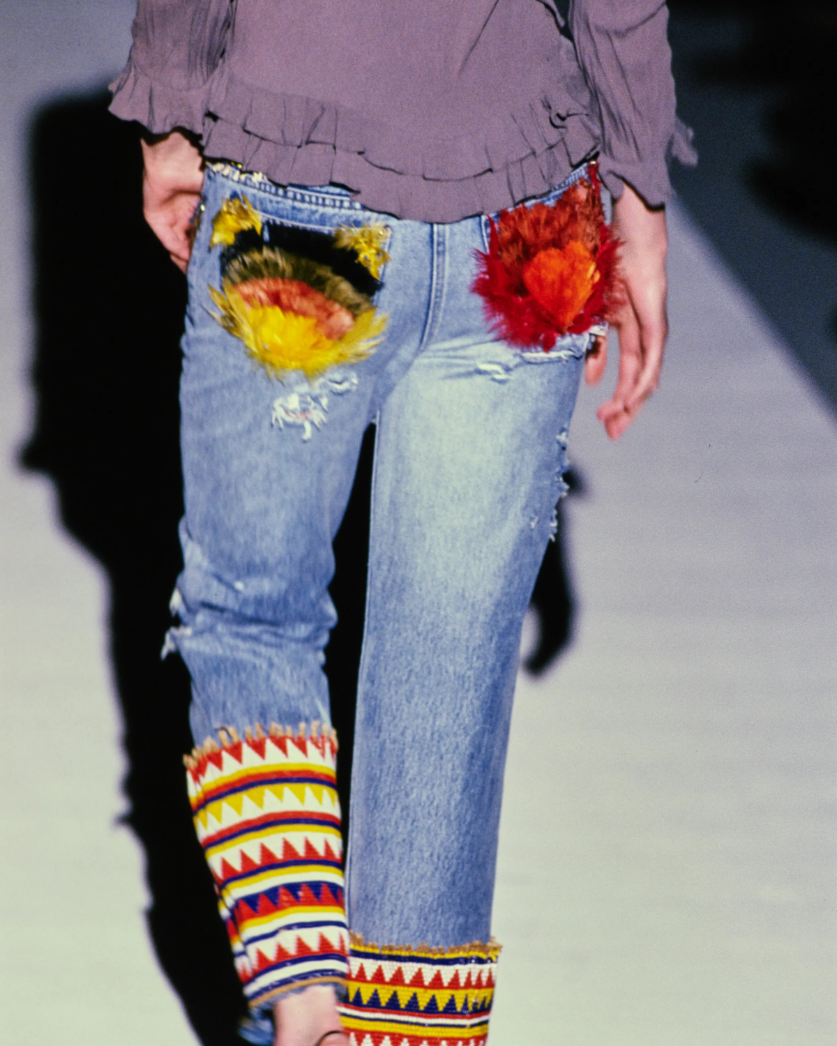 Gucci by Tom Ford Blue Distressed Beaded Jeans with Feathers, Spring/Summer 1999