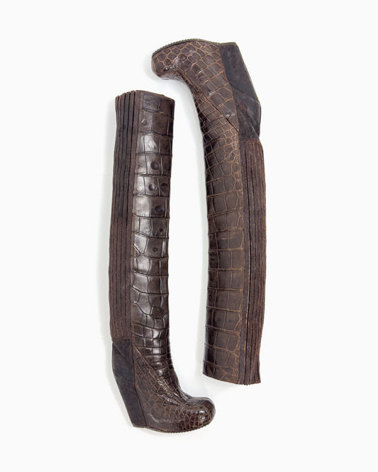 Rick Owens Brown Crocodile Leather High Wedge Boots, Fall/Winter 2012